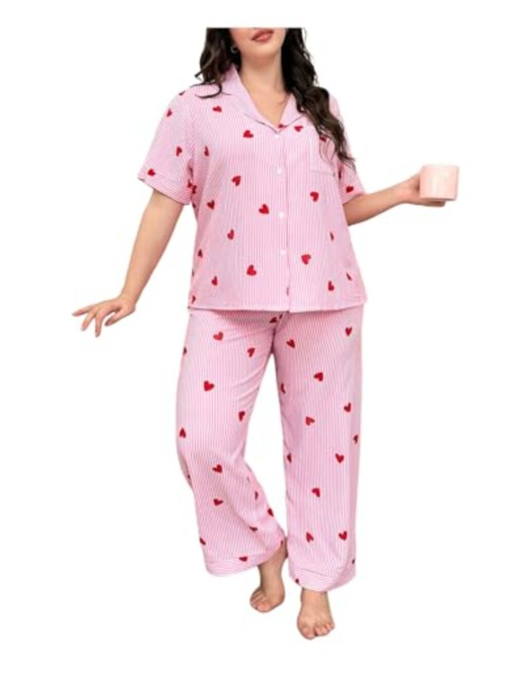 Plus Size Striped Pajama Set Heart Print Short Sleeve Button Down 2 Piece